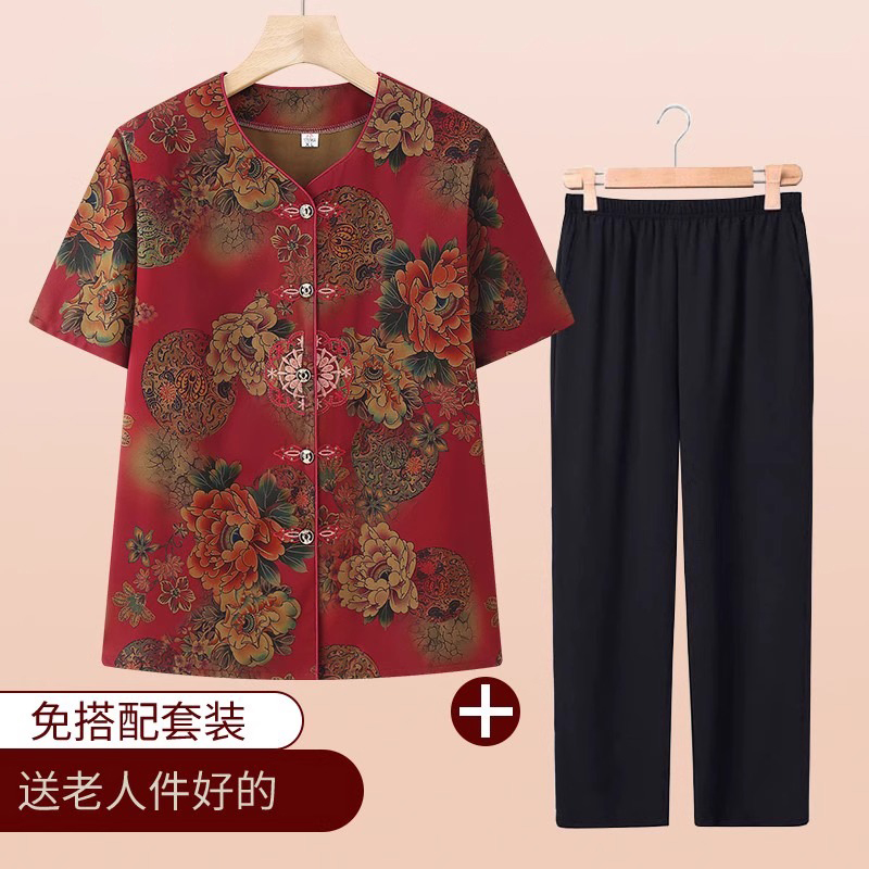 中老年人女装夏季妈妈衬衫短袖国风冰丝上衣奶奶老人衬衣套装新款