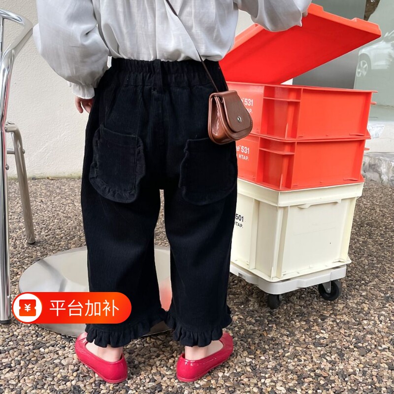 女童秋装花边直筒裤女宝宝春秋款韩版灯芯绒裤子儿童秋季长裤童装