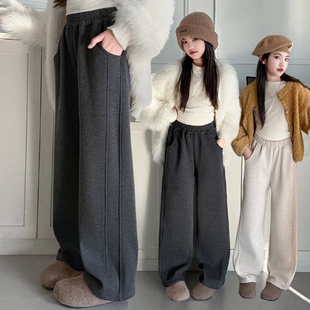女大童阔腿卫裤秋冬季2026韩系儿童裤子休闲裤加绒灰色松紧腰毛呢