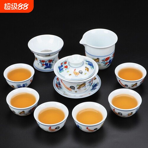 陶瓷大明成化鸡缸杯功夫茶具套装仿古家用瓷复古斗彩茶杯茶壶白瓷