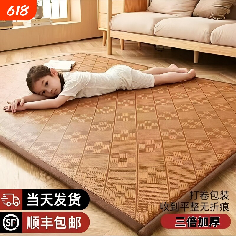夏季加厚冰丝凉席床垫地垫沙发垫睡觉打地铺用藤席榻榻米垫子折叠