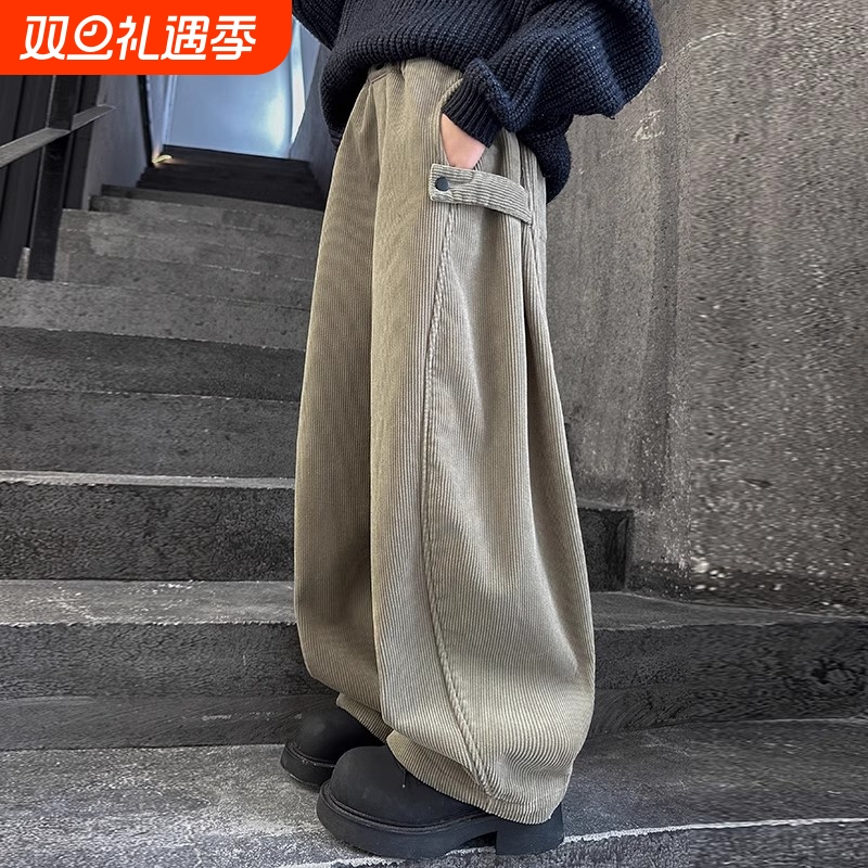 女童加绒裤子秋冬装2025灯芯绒弯刀裤儿童老爹裤潮红色牛仔外穿