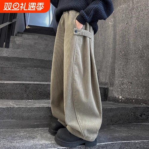 女童加绒裤子秋冬装2025灯芯绒弯刀裤儿童老爹裤潮红色牛仔外穿