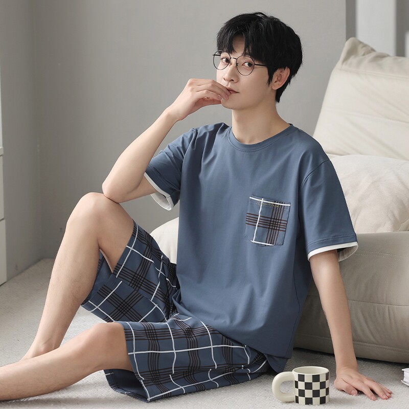 新款夏季男士居家睡衣纯棉布料100短袖家居服薄款高级感薄可外穿图片