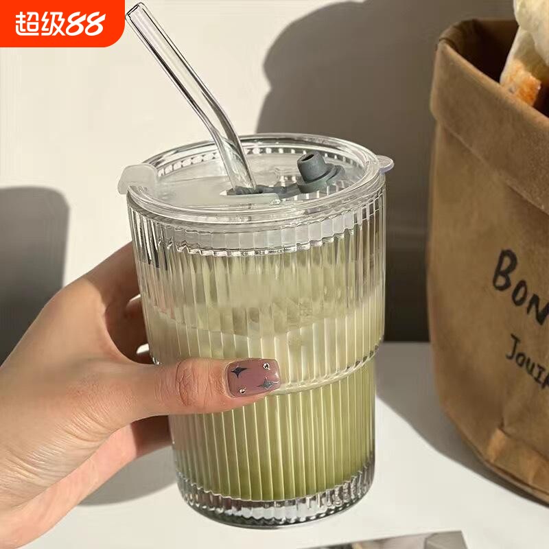 ins条纹玻璃咖啡杯带盖带吸管水杯家用高颜值冰美式拿铁牛奶杯图片