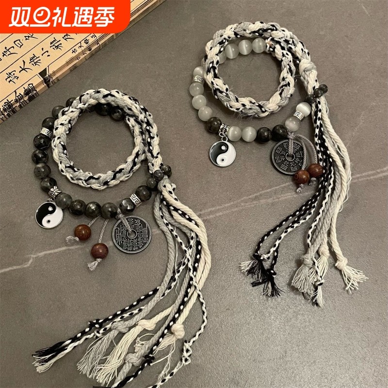 编织情侣款太极山鬼花钱手绳男手链女手作小众设计双生手串新中式