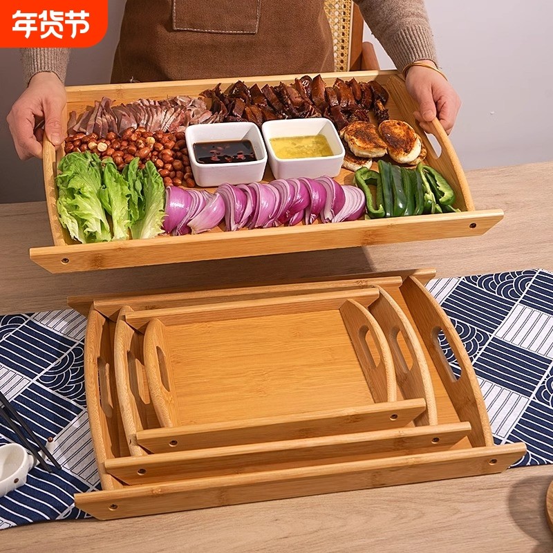 托盘竹木质长方形餐盘菜盘酒店烧烤垫纸家用商用双耳盘子木制面包