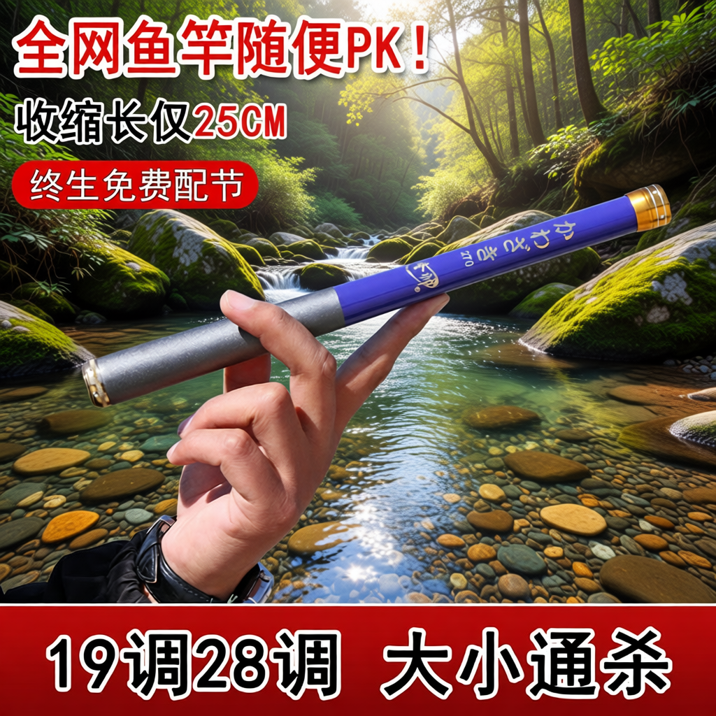 袖珍超短节钓鱼竿25cm袖珍碳素溪流竿超轻硬便携迷你19调手竿套