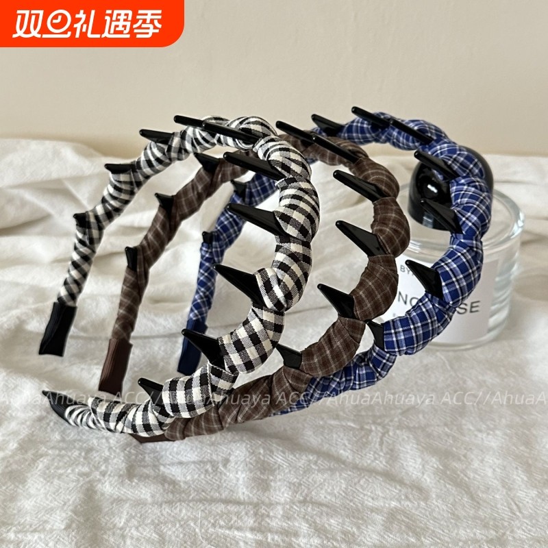 复古格子布艺齿梳发箍女2025新款气质简约高颅顶压发卡学院风头箍