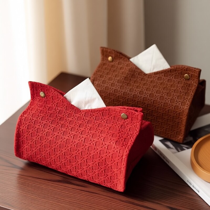 红色抽纸盒结婚摆件纸巾客厅桌面收纳盒台面编织中古办公室床头柜