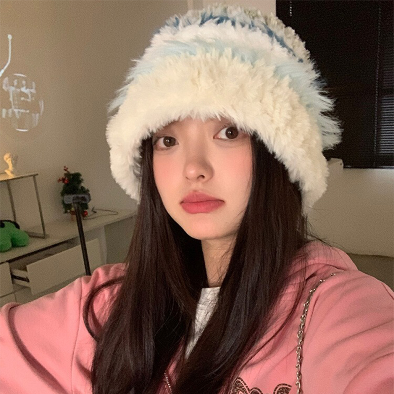 日系毛绒渔夫帽子女秋冬季显脸小彩色兔毛针织帽大头围保暖毛线帽