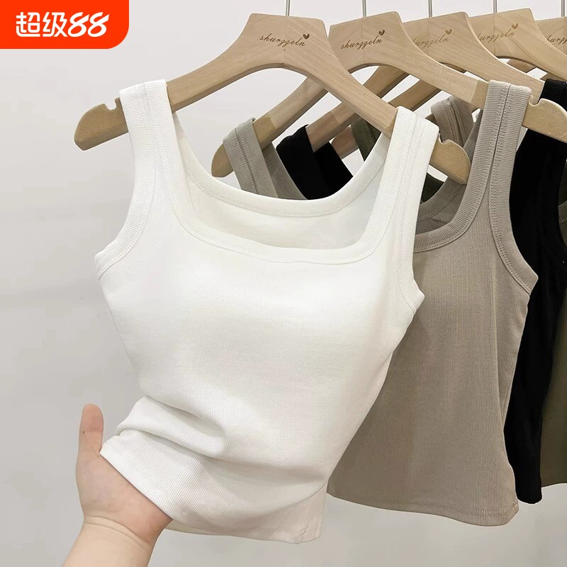 夏季吊带背心女内搭带胸垫文胸一体美背外穿白色纯棉打底上衣螺纹