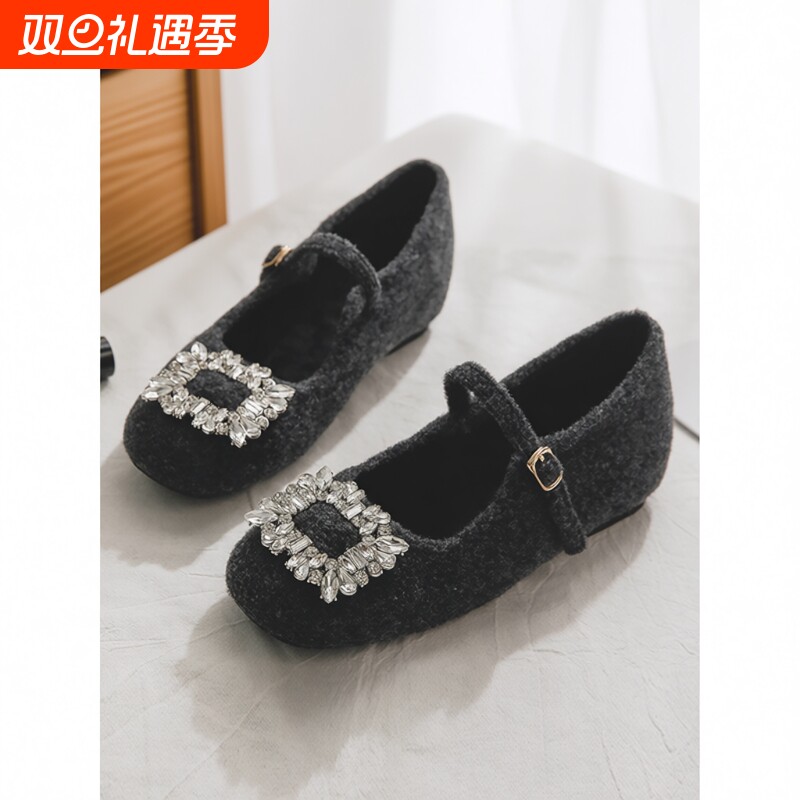 羊皮版~玛丽珍女鞋内增高法式配裙子毛毛鞋女外穿毛呢加绒单鞋女