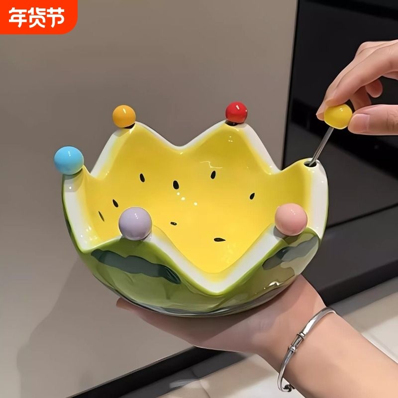 西瓜盘水果叉可爱高颜值陶瓷大容量水果盘家用甜品沙拉碗果叉套装,餐饮具,水果叉/水果签,淘宝优惠券,粉丝福利购,淘宝优惠卷