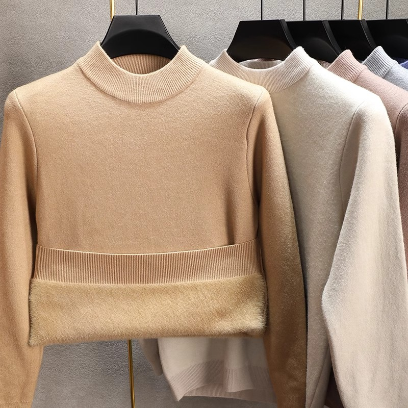 一体绒半高领毛衣男秋冬季加绒加厚纯色不臃肿男士针织打底衫内搭