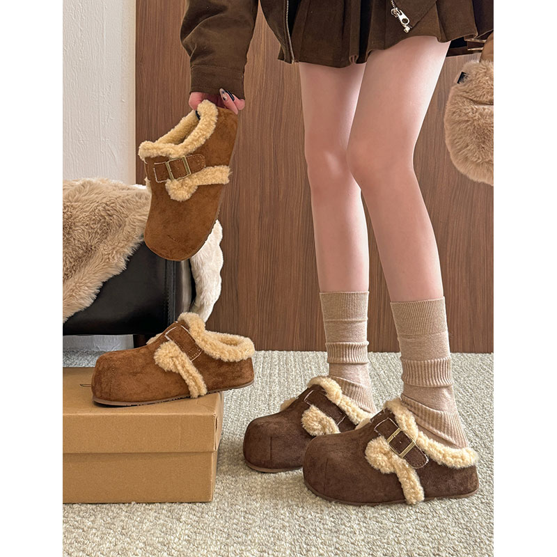 勃肯鞋女2025新款秋冬季棉鞋子加绒加厚毛绒包头半拖鞋外穿百搭