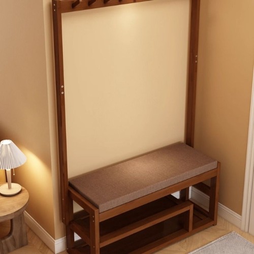 简易挂衣架玄关衣帽架换鞋凳一体靠墙置物架落地家用楠竹家居收纳