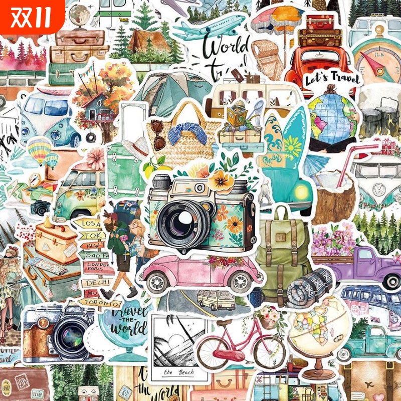 100张涂鸦防水旅行卡通贴纸日系ins风复古清新装饰户外贴画不留胶