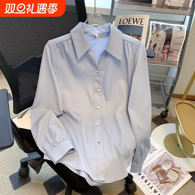 法式V领蓝色衬衫女2025春秋新款高级感面试白色正装上衣大码衬衣