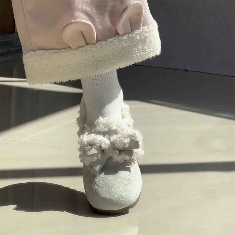 复古甜美蝴蝶结平底防滑毛毛鞋女2025冬季新款加绒保暖圆头勃肯鞋