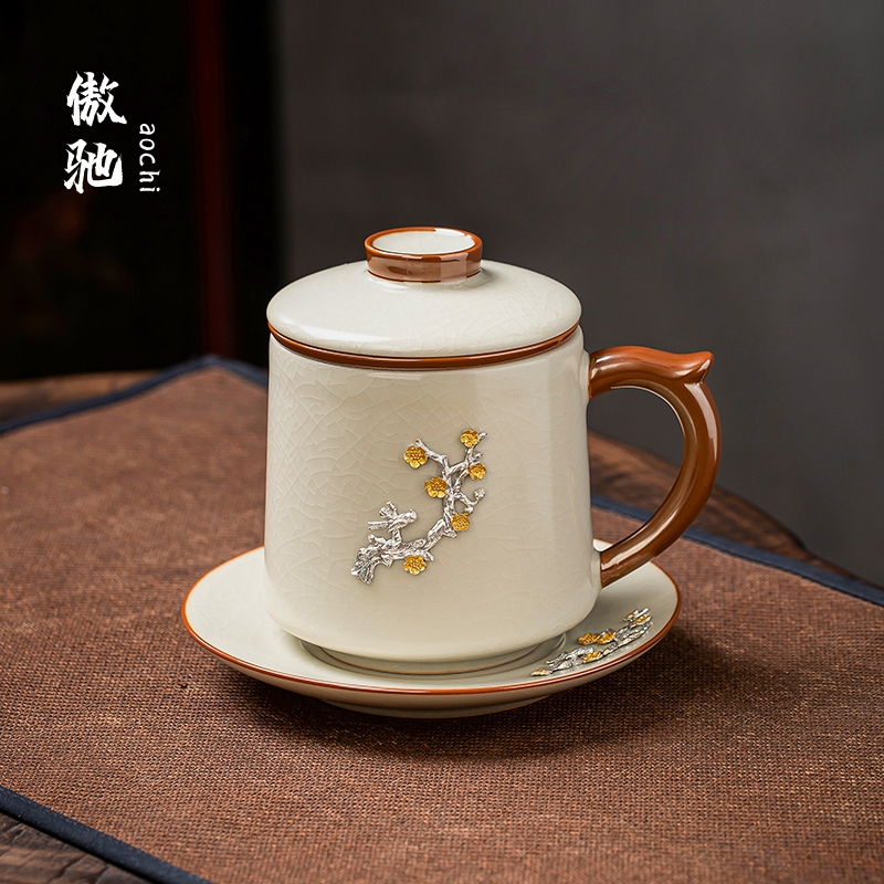 傲驰个人专用镶锡办公杯陶瓷水杯汝瓷开片可养茶水分离带盖大茶杯