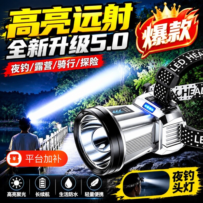神鱼夜钓头戴式强光头灯充电超亮钓鱼超长续航锂电手电筒矿灯感应