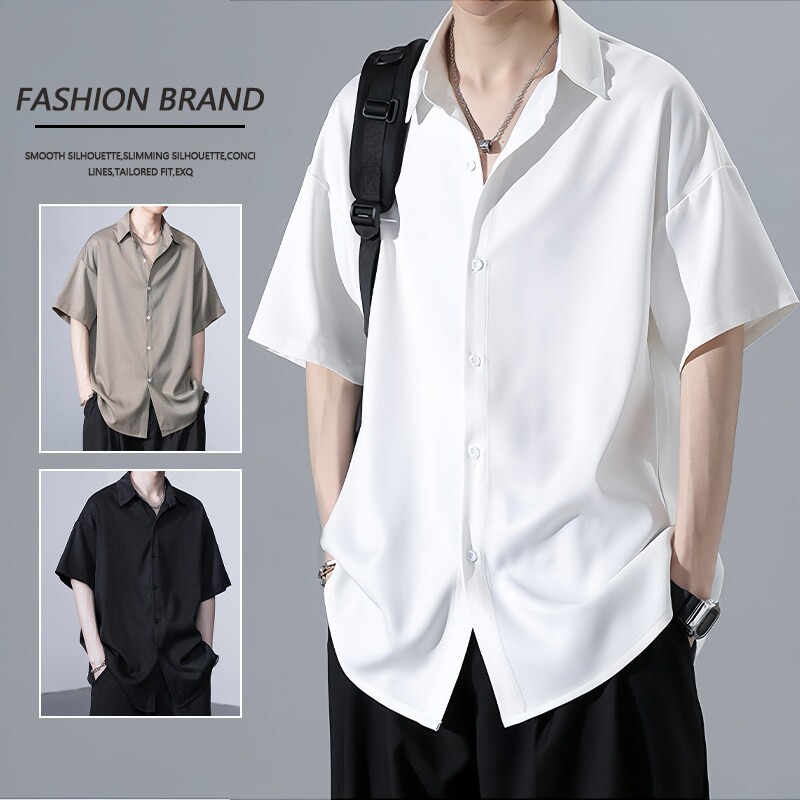 白色冰丝短袖衬衫男夏季薄款宽松休闲上衣青少年垂感半袖黑色灰色