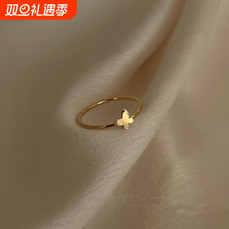 迷你双层小蝴蝶戒指女2025年新款轻奢简约素圈简约百搭可爱指环