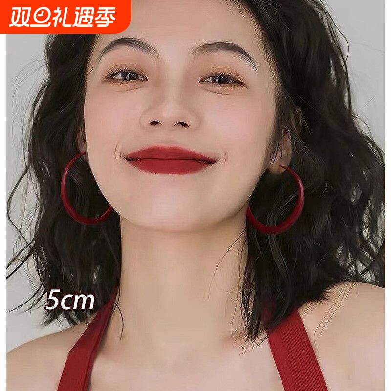 安可拉红色耳圈红色轻奢高级方圆脸素圈耳环显脸小25年新款爆款