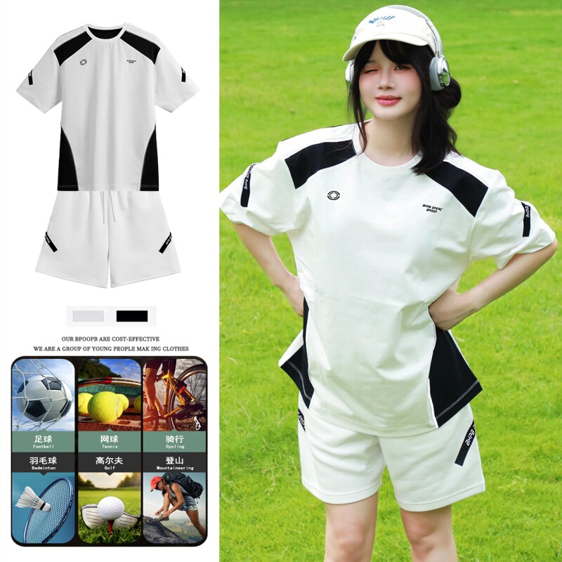 羽毛网球防晒短袖T恤套装男女美式透气足球跑步运动短裤速干登山