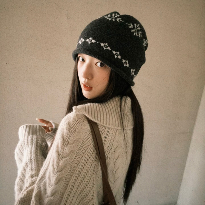 费尔岛提花卷边针织冷帽女秋冬季保暖时尚百搭显脸小毛线堆堆帽子