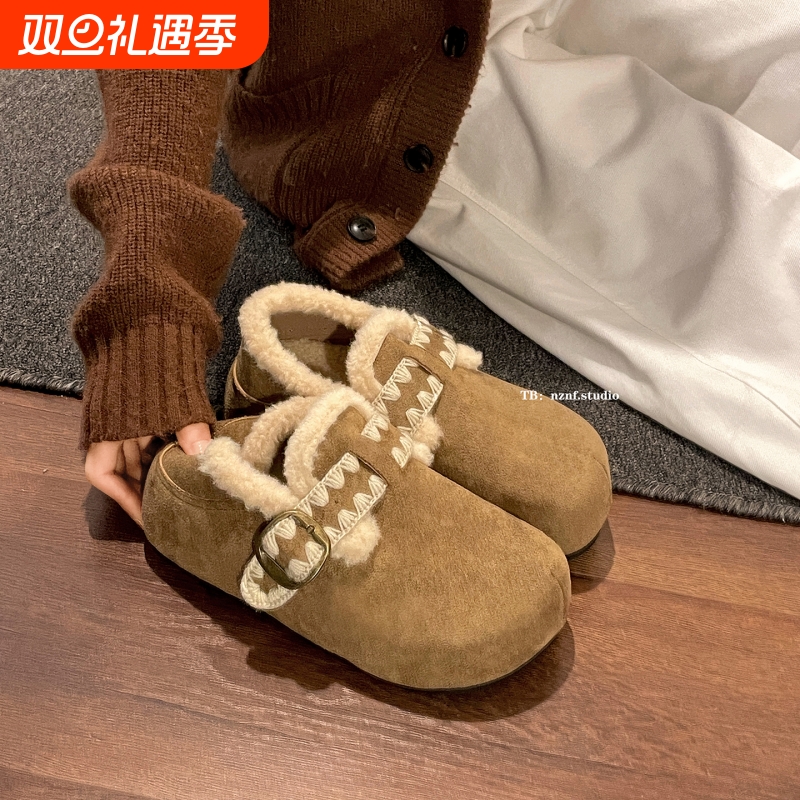 复古刺绣一字扣毛毛花边勃肯鞋女2025冬季新款雪地靴加绒保暖棉鞋