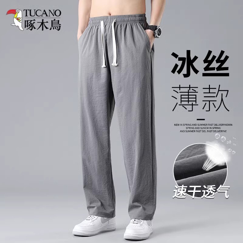啄木鸟裤子男士夏季冰丝速干薄款潮牌直筒运动裤款宽松休闲裤垂感