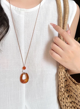 新中式几何图形吊坠长款项链女百搭高级感挂脖毛衣链锁骨链配饰