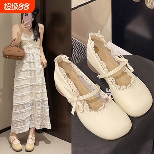 意尔康法式低跟玛丽珍单鞋女夏配裙子晚晚鞋罗莉塔小皮鞋白色圆头
