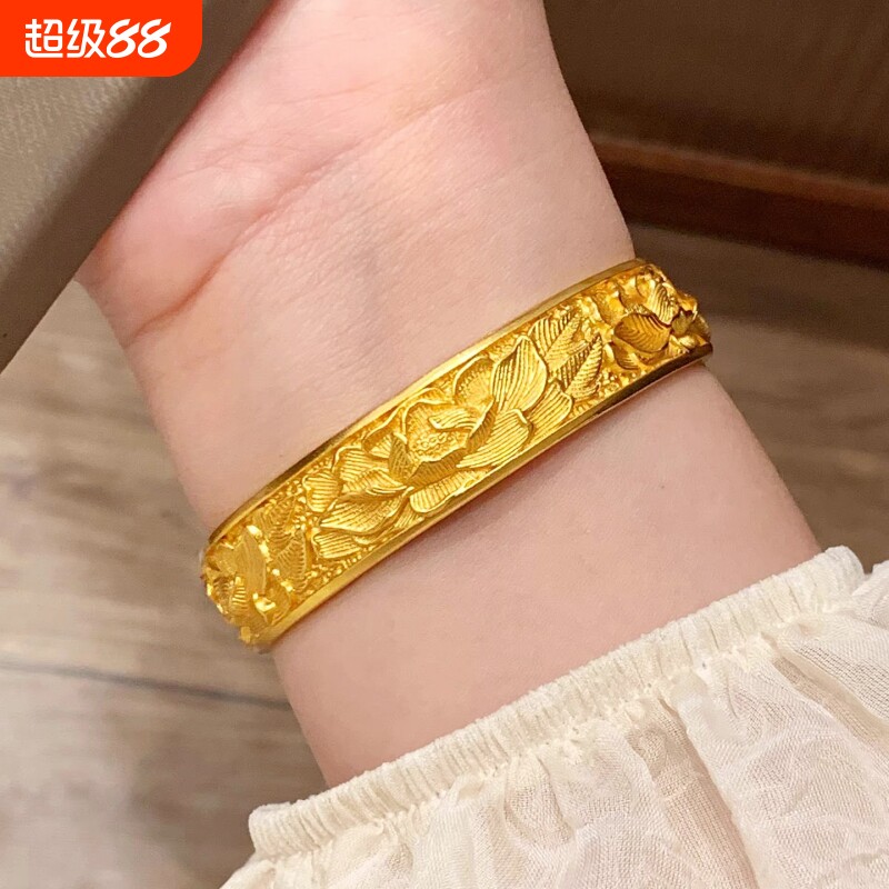 宽版牡丹花手镯越南沙金女黄金色实心轮胎花朵新中式复古镯子宽面