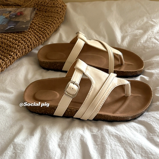 女夏外穿法式 仙女復(fù)古平底海邊沙灘夾腳一腳蹬涼拖 小眾勃肯鞋 韓版