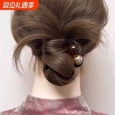 高级感u型三齿珠珠发簪2025新款高端气质簪子新中式盘发发钗头饰