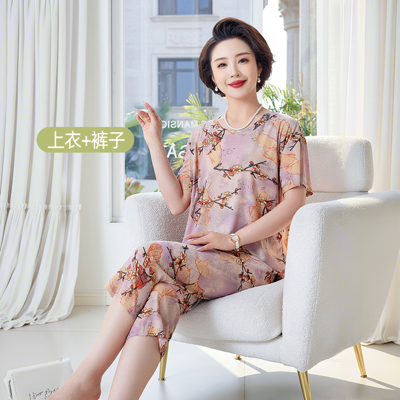 老年人妈妈装套装衣服裤子冰丝女装夏天夏季中老年妈妈夏2025新款