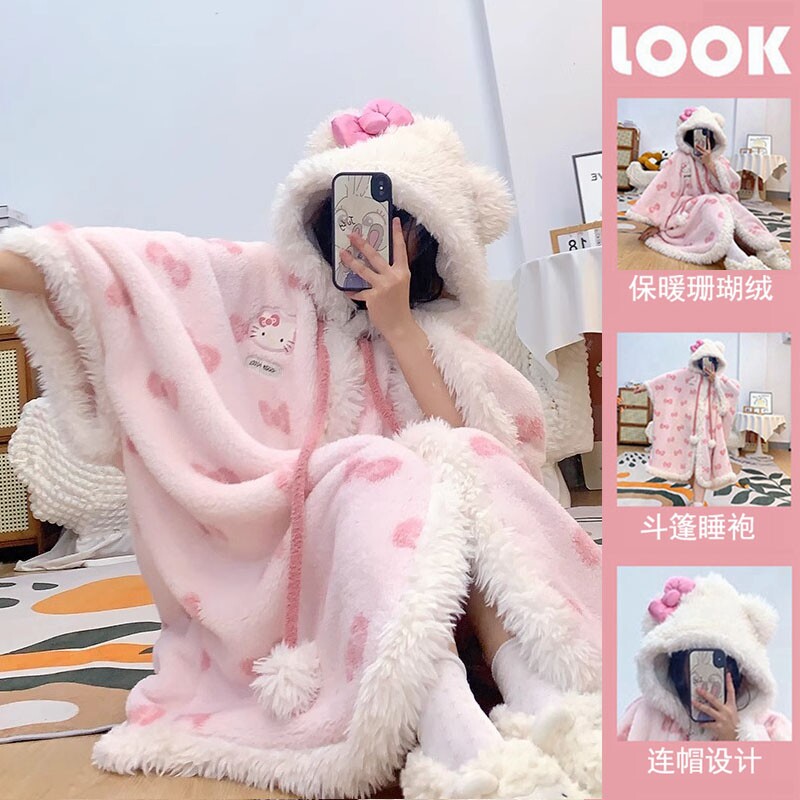 斗篷睡袍珊瑚绒睡衣女款2026秋冬季男加绒加厚睡裙家居服连体粉色