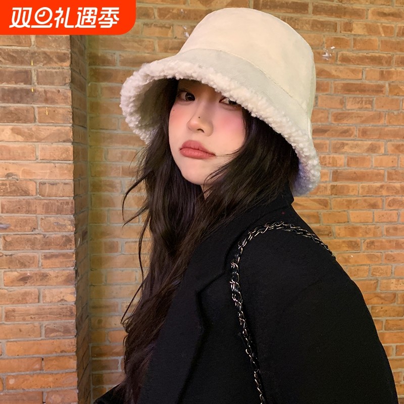 大头星球新款渔夫帽女双面灯芯绒帽子韩版冬季毛绒羊羔毛水桶盆帽