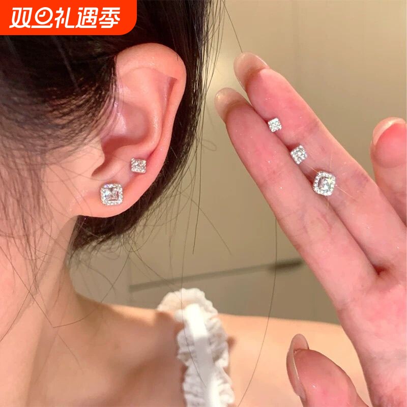通体镀925银耳钉耳环方糖闪锆养耳洞女轻奢高级感耳饰女睡觉免摘