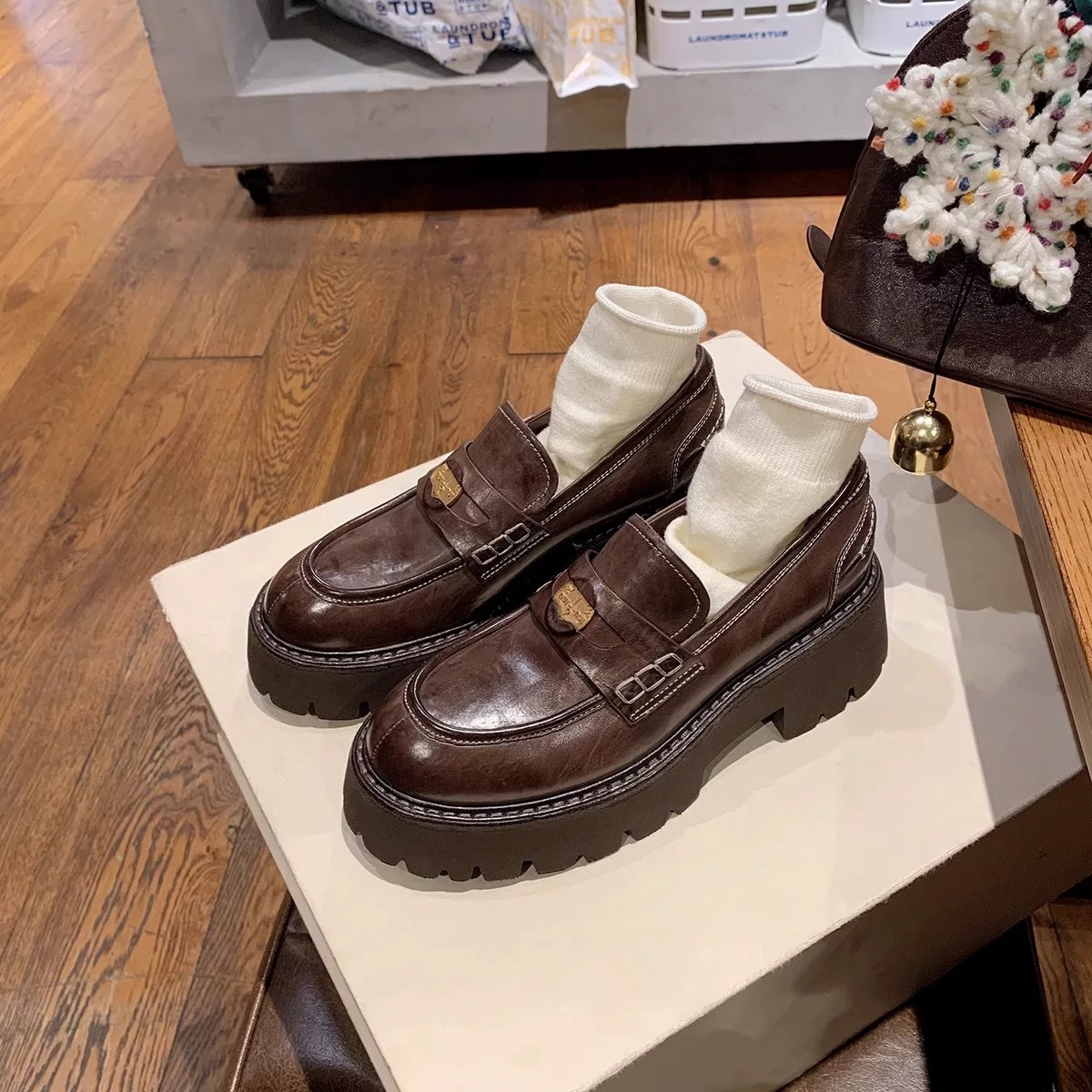 马皮~6.5cm增高厚底乐福鞋女英伦小个子棕色小皮鞋单鞋浅口圆头