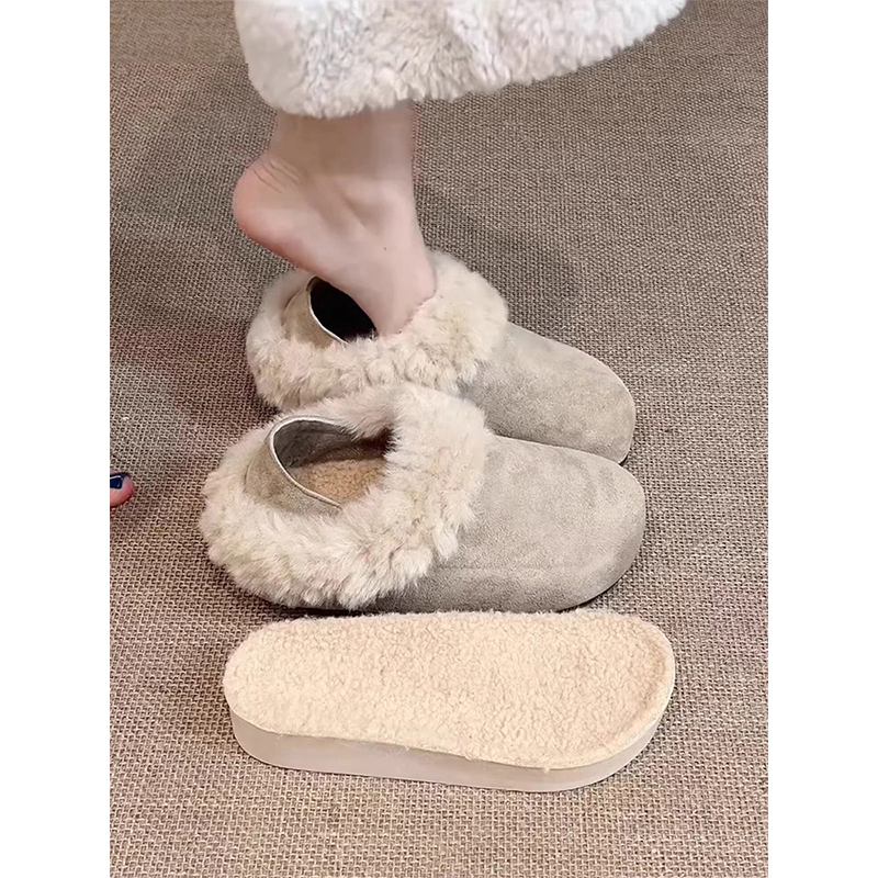 时尚部落厚底毛毛拖鞋女外穿2025新款冬加绒二穿一脚蹬勃肯棉鞋女