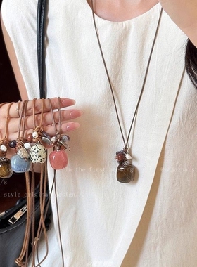 天然石珍珠编织绳项链女复古新中式虎眼石锁骨链长款挂脖配饰七夕