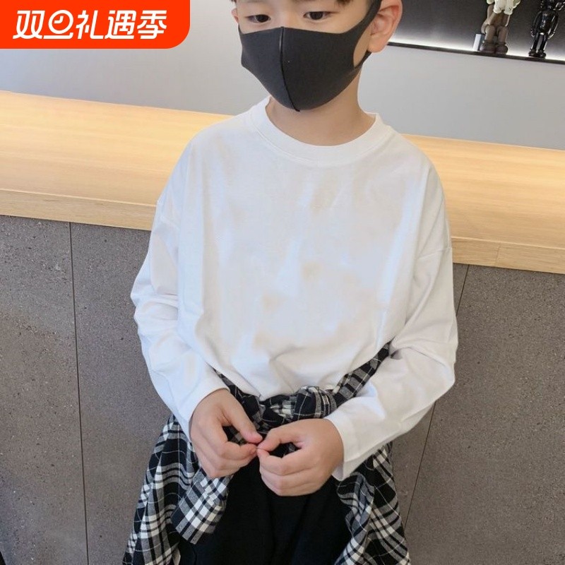 儿童纯白打底衫纯棉男童长袖t袖春秋韩版宽松中大童圆领纯色班服