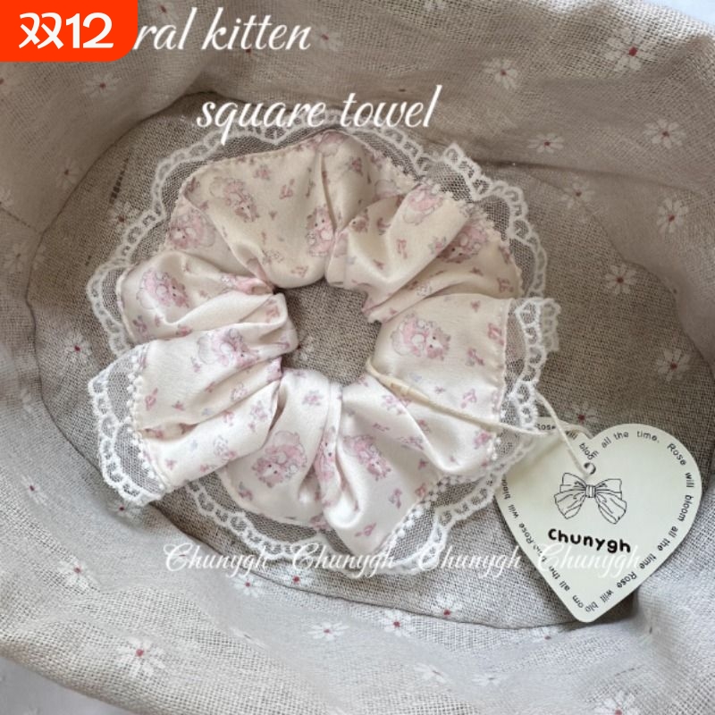 Chunygh自制手作甜系温柔大肠发圈奶油小猫碎花少女缎面发圈发饰