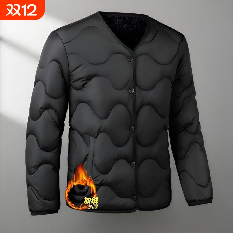 2025新款男式圆领轻薄羽绒棉服内胆加绒加厚棉袄外套上衣内搭黑色