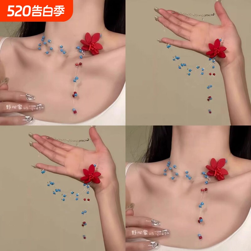 明媚少女春日多巴胺花朵项链2025新款蓝色串珠choker锁骨链