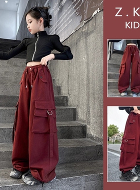 女童工装裤春秋2026新款儿童洋气街舞裤子棉布阔腿裤红色休闲黑色